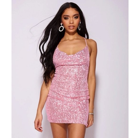 Pink Sequins Sleeveless Cowl Neck Open Back Backless Bodycon Mini Dress - Picture 7 of 13